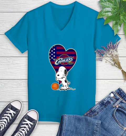 Cleveland Cavaliers NBA Basketball The Peanuts Movie Adorable Snoopy Women's V-Neck T-Shirt 7