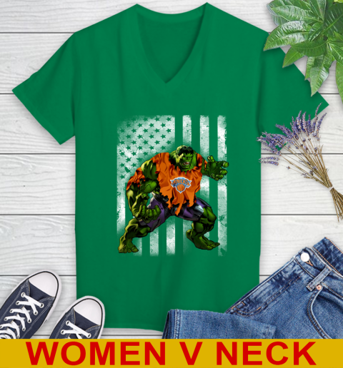 New York Knicks Hulk Marvel Avengers NBA Basketball American Flag Women's V-Neck T-Shirt 5