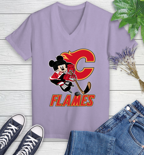 NHL Calgary Flames Mickey Mouse Disney Hockey T Shirt Women's V-Neck T-Shirt 14
