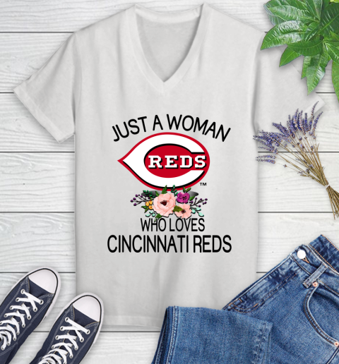 MLB Just A Woman Who Loves Cincinnati Reds Baseball Sports Women's V-Neck T-Shirt