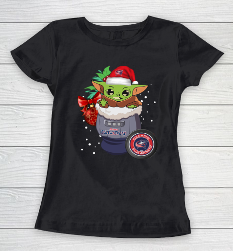 Columbus Blue Jackets Christmas Baby Yoda Star Wars Funny Happy NHL Women's T-Shirt 2