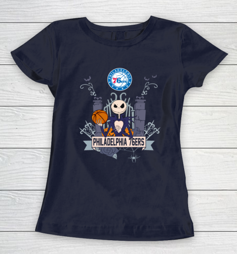 NBA Philadelphia 76ers Basketball Jack Skellington Halloween Women's T-Shirt 2
