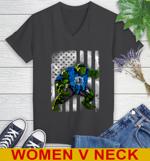 Dallas Mavericks Hulk Marvel Avengers NBA Basketball American Flag Women's V-Neck T-Shirt 8