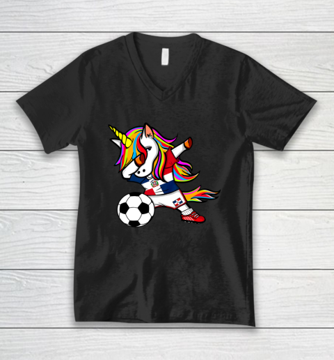 Dabbing Unicorn Dominican Republic Football Flag Soccer V-Neck T-Shirt