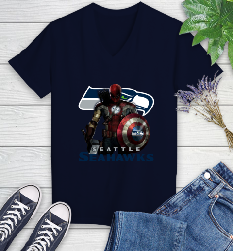 NFL Captain America Thor Spider Man Hawkeye Avengers Endgame Football Seattle Seahawks Women's V-Neck T-Shirt 3