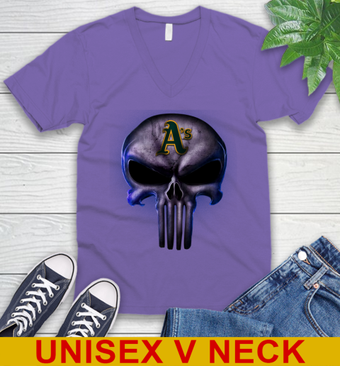 Oakland Athletics MLB Baseball Punisher Skull Sports V-Neck T-Shirt 8