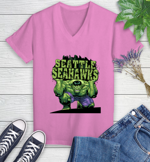 Seattle Seahawks NFL Football Incredible Hulk Marvel Avengers Sports Women's V-Neck T-Shirt 14