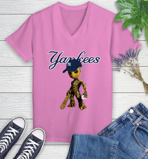 MLB New York Yankees Groot Guardians Of The Galaxy Baseball Women's V-Neck T-Shirt 14
