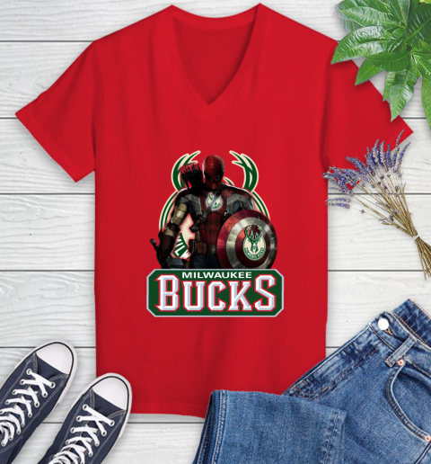 Milwaukee Bucks NBA Basketball Captain America Thor Spider Man Hawkeye Avengers Women's V-Neck T-Shirt 12