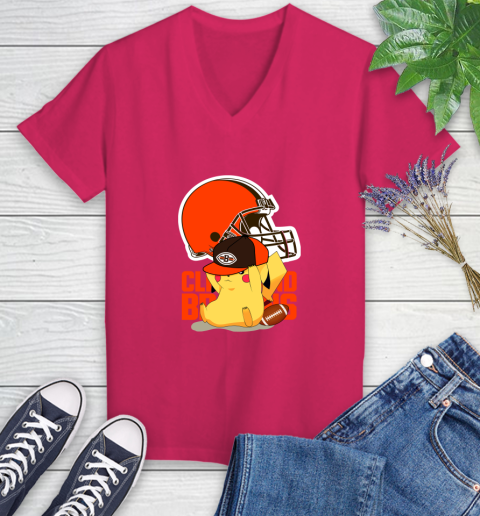 NFL Pikachu Football Sports Cleveland Browns Women's V-Neck T-Shirt 9