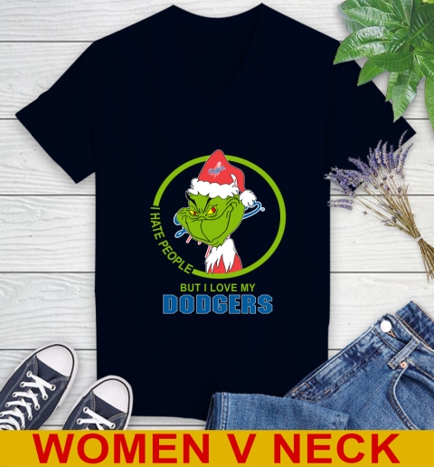 Los Angeles Dodgers MLB Christmas Grinch I Hate People But I Love My Favorite Baseball Team Women's V-Neck T-Shirt 3
