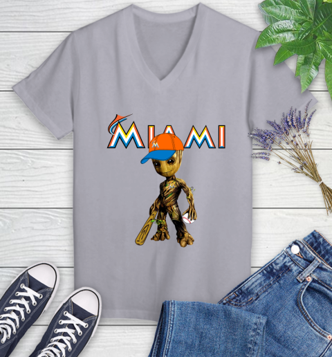 MLB Miami Marlins Groot Guardians Of The Galaxy Baseball Women's V-Neck T-Shirt 4