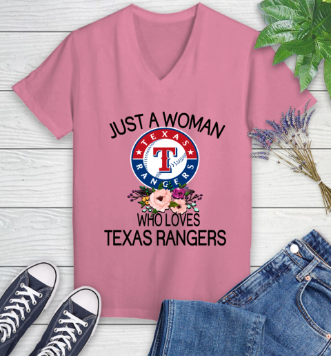 MLB Just A Woman Who Loves Texas Rangers Baseball Sports Women's V-Neck T-Shirt 8