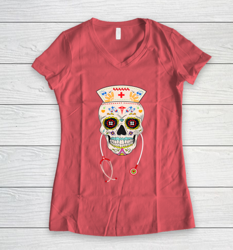 Nurse Sugar Skull Shirt Halloween Day Of The Dead Dia De Los Women's V-Neck T-Shirt 4
