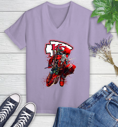 NFL Deadpool Marvel Comics Sports Football Kansas City Chiefs Women's V-Neck T-Shirt 14