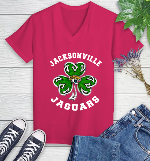 NFL Jacksonville Jaguars Three Leaf Clover St Patrick's Day Football Sports Women's V-Neck T-Shirt 9