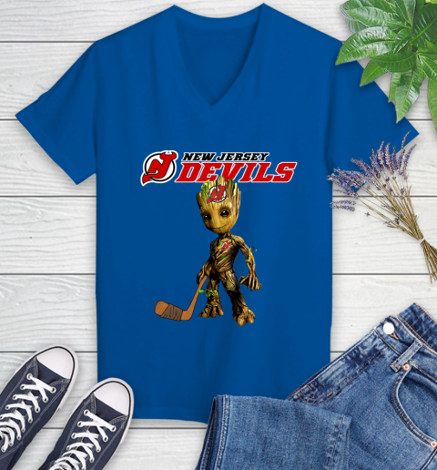 New Jersey Devils NHL Hockey Groot Marvel Guardians Of The Galaxy Women's V-Neck T-Shirt 10