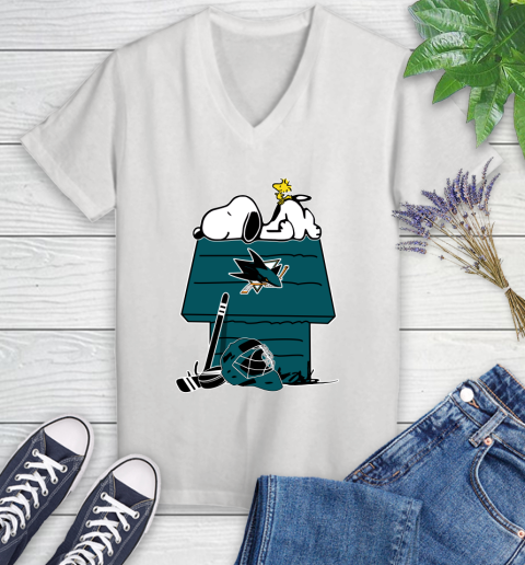 San Jose Sharks NHL Hockey Snoopy Woodstock The Peanuts Movie Women's V-Neck T-Shirt