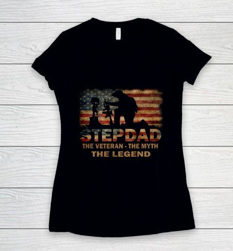 Veteran Shirt Stepdad The Veteran Myth Legend Funny Father s Day Women's V-Neck T-Shirt
