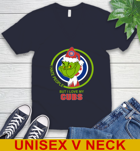 Chicago Cubs MLB Christmas Grinch I Hate People But I Love My Favorite Baseball Team V-Neck T-Shirt 3
