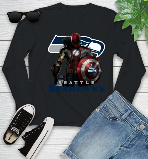 NFL Captain America Thor Spider Man Hawkeye Avengers Endgame Football Seattle Seahawks Youth Long Sleeve 2