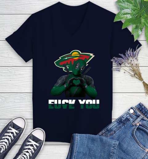NHL Minnesota Wild Deadpool Love You Fuck You Hockey Sports Women's V-Neck T-Shirt 2