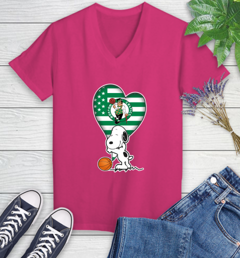 Boston Celtics NBA Basketball The Peanuts Movie Adorable Snoopy Women's V-Neck T-Shirt 9