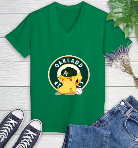 MLB Pikachu Baseball Sports Oakland Athletics Women's V-Neck T-Shirt 5