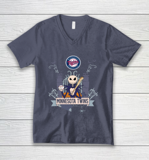 MLB Minnesota Twins Baseball Jack Skellington Halloween V-Neck T-Shirt 7