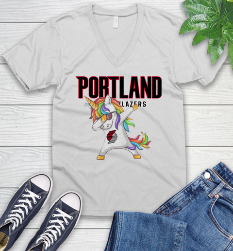 Portland Trail Blazers NBA Basketball Funny Unicorn Dabbing Sports V-Neck T-Shirt