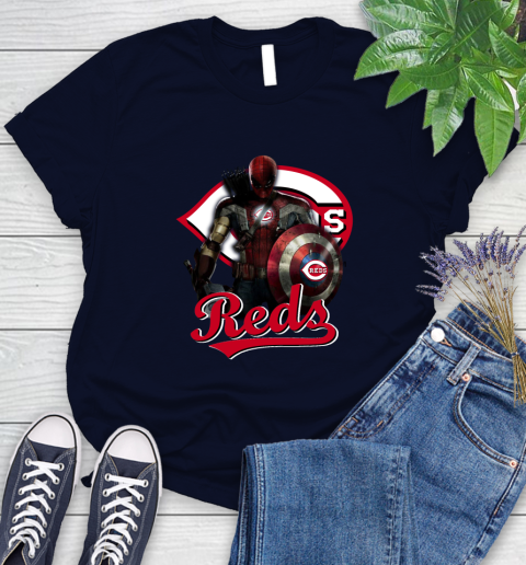 MLB Captain America Thor Spider Man Hawkeye Avengers Endgame Baseball Cincinnati Reds Women's T-Shirt 3