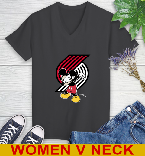 Portland Trail Blazers NBA Basketball Dabbing Mickey Disney Sports Women's V-Neck T-Shirt 9