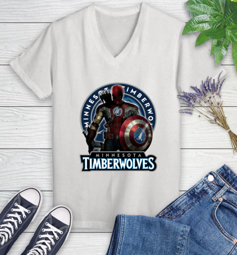 Minnesota Timberwolves NBA Basketball Captain America Thor Spider Man Hawkeye Avengers Women's V-Neck T-Shirt