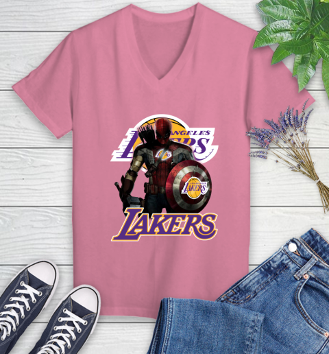 Los Angeles Lakers NBA Basketball Captain America Thor Spider Man Hawkeye Avengers Women's V-Neck T-Shirt 13