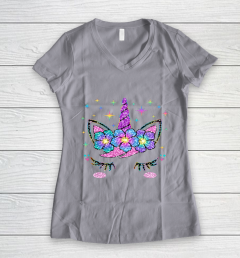 Unicorn Costume Rainbow Face Girls Women's V-Neck T-Shirt 2