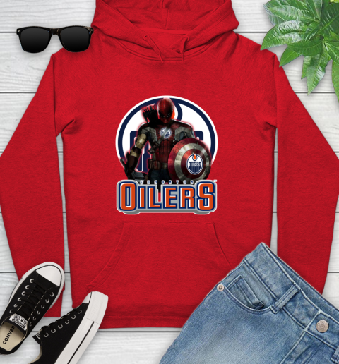 NHL Captain America Thor Spider Man Hawkeye Avengers Endgame Hockey Edmonton Oilers Youth Hoodie 11