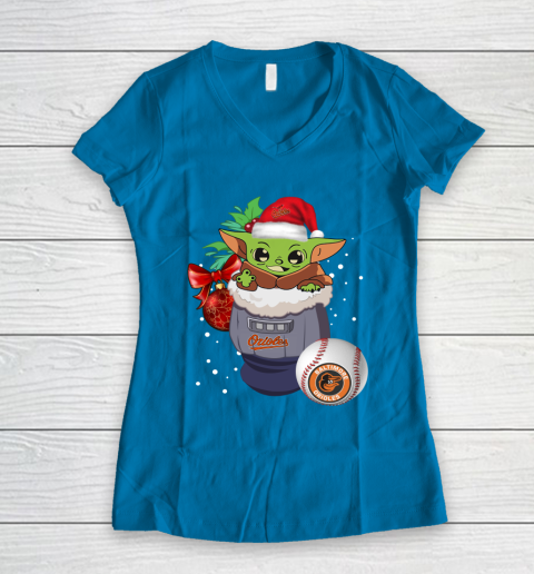 Baltimore Orioles Christmas Baby Yoda Star Wars Funny Happy MLB Women's V-Neck T-Shirt 7