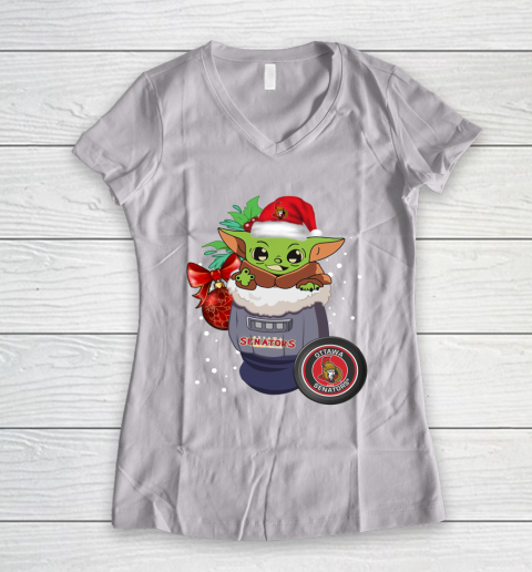 Ottawa Senators Christmas Baby Yoda Star Wars Funny Happy NHL Women's V-Neck T-Shirt 2