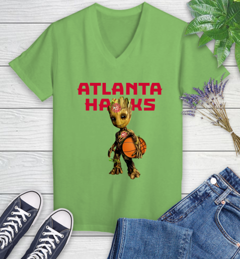 Atlanta Hawks NBA Basketball Groot Marvel Guardians Of The Galaxy Women's V-Neck T-Shirt 11