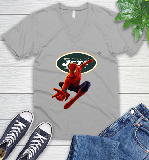 NFL Spider Man Avengers Endgame Football New York Jets V-Neck T-Shirt 4