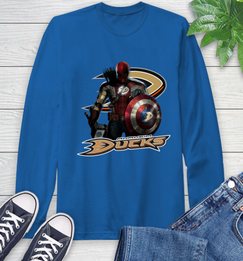 NHL Captain America Thor Spider Man Hawkeye Avengers Endgame Hockey Anaheim Ducks Long Sleeve T-Shirt 9