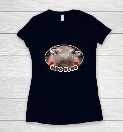 Moo Deng Bouncy Pig in Thai Picture The Cute Baby Hippo Women's V-Neck T-Shirt 2