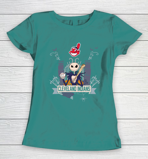 MLB Cleveland Indians Baseball Jack Skellington Halloween Women's T-Shirt 10
