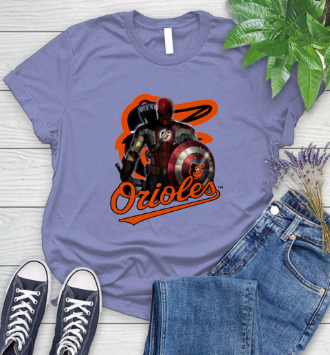 MLB Captain America Thor Spider Man Hawkeye Avengers Endgame Baseball Baltimore Orioles Women's T-Shirt 11