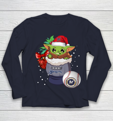 Milwaukee Brewers Christmas Baby Yoda Star Wars Funny Happy MLB Youth Long Sleeve 3