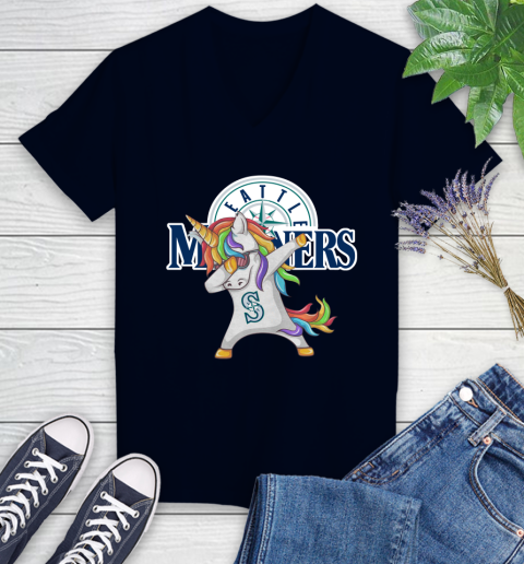 Seattle Mariners MLB Baseball Funny Unicorn Dabbing Sports Women's V-Neck T-Shirt 3