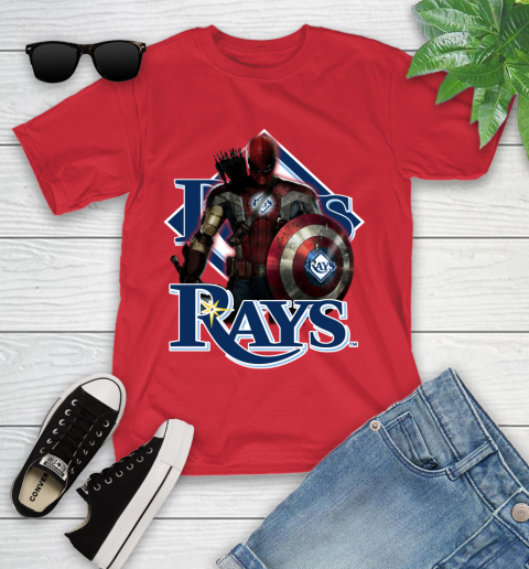 MLB Captain America Thor Spider Man Hawkeye Avengers Endgame Baseball Tampa Bay Rays Youth T-Shirt 10