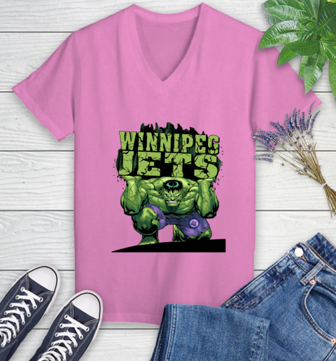 Winnipeg Jets NHL Hockey Incredible Hulk Marvel Avengers Sports Women's V-Neck T-Shirt 14