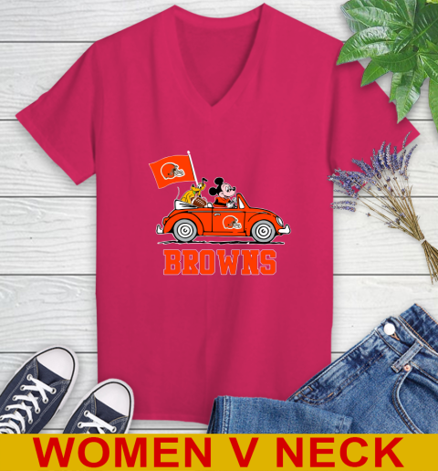 NFL Football Cleveland Browns Pluto Mickey Driving Disney Shirt Women's V-Neck T-Shirt 10