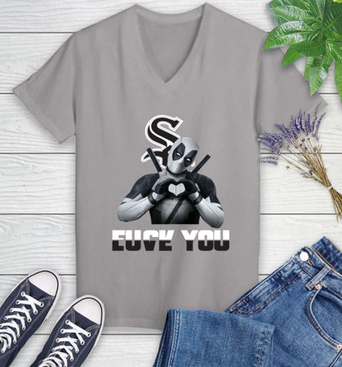 MLB Chicago White Sox Deadpool Love You Fuck You Baseball Sports Women's V-Neck T-Shirt 4